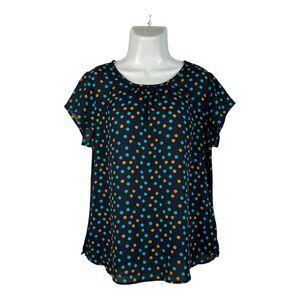 Van Heusen Women Top Large Blue Polka Dot Short Sleeve Stretch Knit Blouse